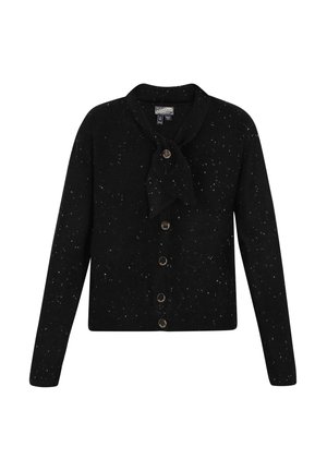 Cardigan negru cu guler legat, închidere cu nasturi și accente albe cu model. Materialul are o textură moale; mâneci și tiv cu dungi.