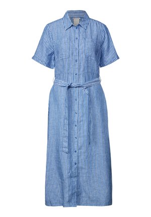 Blauw-wit gestreepte blousejurk, met korte mouwen, twee borstzakken en een bijpassende riem. Gemaakt van lichte stof.