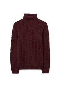 Bordeauxroter Strickpullover mit Rollkragen, Kabelmuster, langen Ärmeln, gerippten Bündchen und Saum. Hergestellt aus weichem, strukturiertem Stoff.