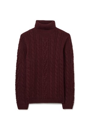 Suéter de cuello alto de punto color burdeos con un patrón de trenza, mangas largas, puños y dobladillo acanalados. Hecho de tela suave y texturizada.