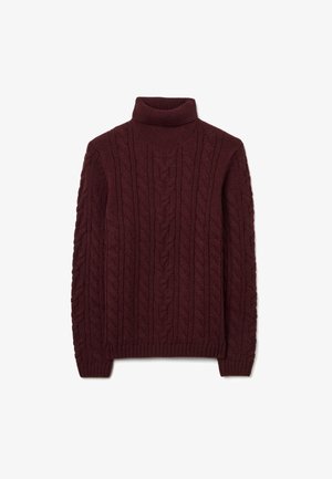 Suéter de cuello alto de punto color burdeos con un patrón de trenza, mangas largas, puños y dobladillo acanalados. Hecho de tela suave y texturizada.