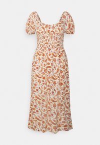 Bloemdrukjurk met een vierkante halslijn, pofmouwen en een gerimpelde buste. Gemaakt van lichte stof en voorzien van oranje en roze paisleypatronen.