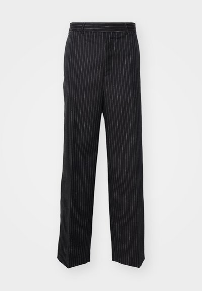 Black pinstripe trousers with a tailored fit, featuring a smooth texture, a straight leg design, and subtle tonal detailing throughout.