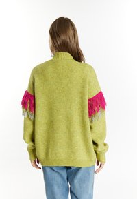 Grüner Strickpullover mit hohem Kragen, der pinke und graue Fransenakzente an den Ärmel hat. Lockere Passform, strukturiertes Material, keine sichtbaren Verschlüsse.