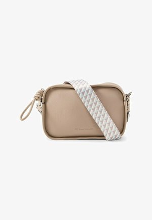 Béžová obdĺžniková kožená kabelka cez rameno so širokým vzorovaným popruhom v svetlomodrej, sivej a béžovej farbe, s malou zápästnou slučkou a strieborným kovaním.