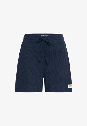 Dunkelblaue, gerippte Strickshorts mit elastischem Bund, Kordelzug und einem kleinen rechteckigen Markenlabel am Saum des linken Beins.