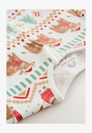 Pamut body, amelyet a rénszarvasok, karácsonyfák és ünnepi motívumok ünnepi mintázata díszít piros, zöld és bézs színekben. Bordázott szélek.