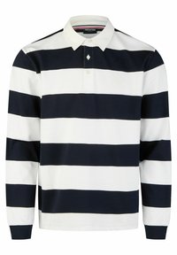 Langärmliges Poloshirt mit navy-blauen und weißen horizontalen Streifen, klassischem Kragen, Knopfleiste und leichtem Baumwollmaterial.