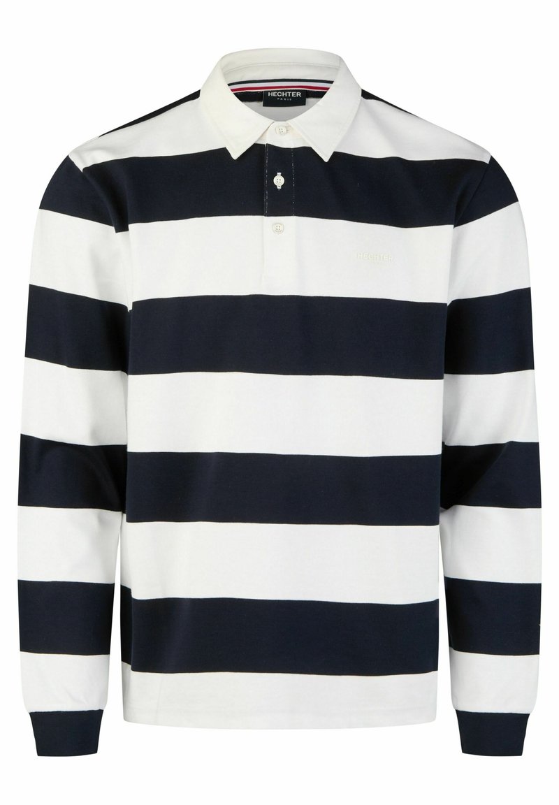 Langärmliges Poloshirt mit navy-blauen und weißen horizontalen Streifen, klassischem Kragen, Knopfleiste und leichtem Baumwollmaterial.