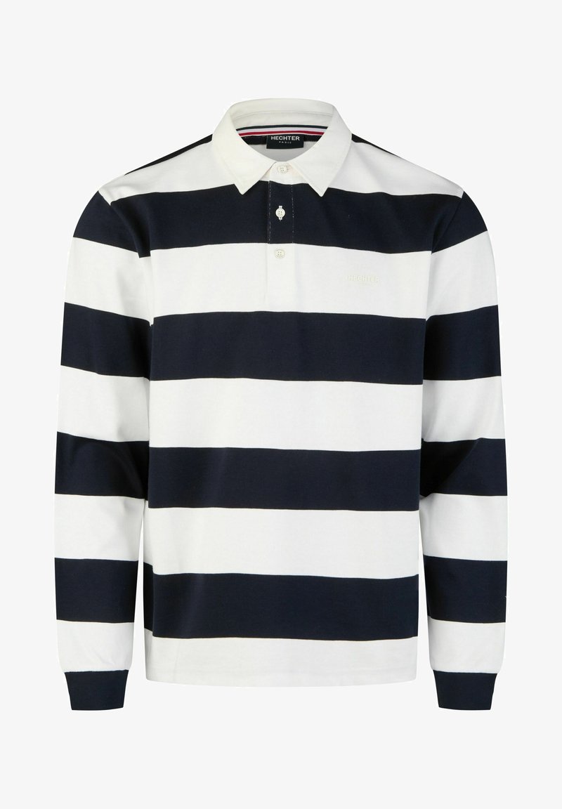 Langärmliges Poloshirt mit navy-blauen und weißen horizontalen Streifen, klassischem Kragen, Knopfleiste und leichtem Baumwollmaterial.