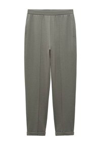 Grijze tapse broek van textuurstof, met twee zijzakken, een tailleband en opgerolde manchetten voor een verfijnde uitstraling.