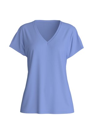 T-shirt col V à manches courtes pour femmes, bleu clair, coupe ample et texture de tissu lisse.