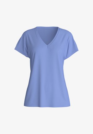 T-shirt col V à manches courtes pour femmes, bleu clair, coupe ample et texture de tissu lisse.