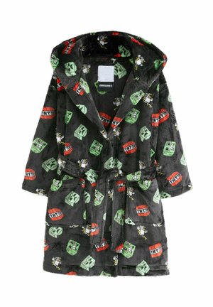 Schwarzer Fleece-Bademantel mit Kapuze, der farbenfrohe Minecraft-Themenmuster mit Creepern und TNT-Icons aufweist. Inklusive gebundenem Gürtel und Taschen.