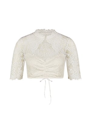 Weiße kurz geschnittene Spitzenbluse mit floralem Muster, kurzen Ärmeln, hohem wellenförmigem Kragen und vorderer Bindeschleife.