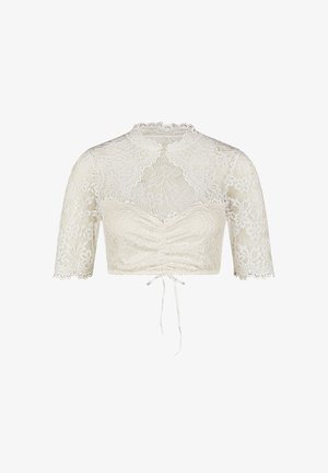 Weiße kurz geschnittene Spitzenbluse mit floralem Muster, kurzen Ärmeln, hohem wellenförmigem Kragen und vorderer Bindeschleife.