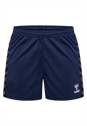 Marine sports shorts lavet af let materiale, med elastisk talje, sidestriber med chevronmønster og et logo på kanten.