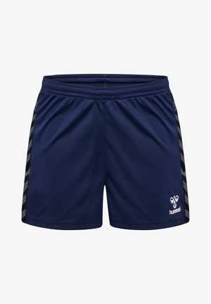 Marine sportshorts gemaakt van lichtgewicht materiaal, met een elastische tailleband, zijstrepen met een chevronpatroon en een logo op de zoom.