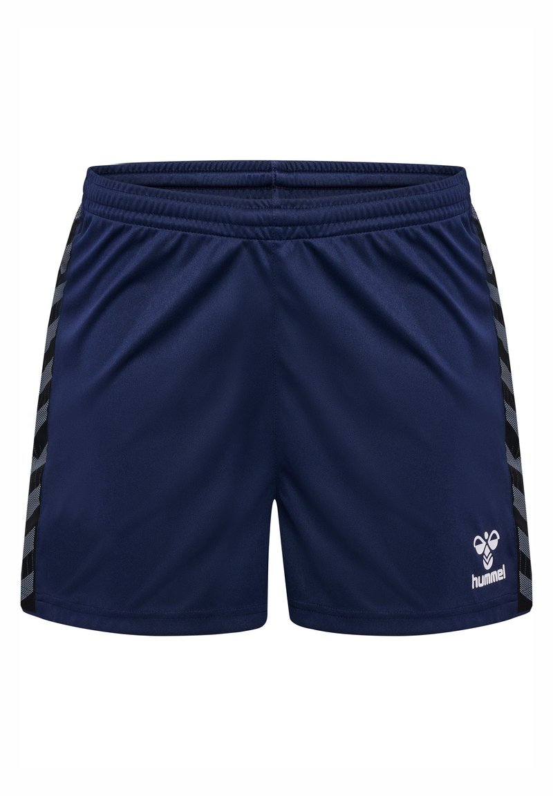 Marinblå sportshorts i lätt material, med elastisk midja, sidostråk med chevronmönster och en logotyp på fållen.