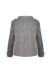 Grijze wolmix jas met een gestructureerde kraag, twee decoratieve schouderknopen en brede mouwen. Getextureerde stof met een zachte afwerking.