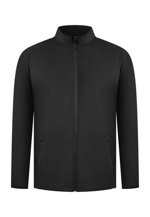 Schwarze Zip-Jacke mit hohem Kragen, langen Ärmeln und zwei seitlichen Reißverschluss-Taschen; glatter Stoff, minimalistisches Design.