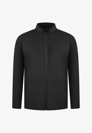 Schwarze Zip-Jacke mit hohem Kragen, langen Ärmeln und zwei seitlichen Reißverschluss-Taschen; glatter Stoff, minimalistisches Design.