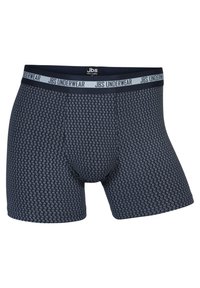 Mørkeblå boxershorts med et geometrisk mønster, lavet af blødt stof. Har en elastisk talje med "JBS UNDERWEAR" logoet.