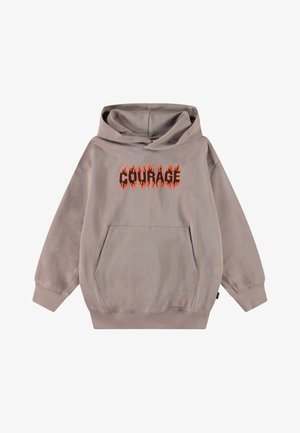 Szara bluza z dużą kieszenią z przodu, z napisem „COURAGE” w wyrazistym, pomarańczowym, przypominającym płomienie stylu. Miękka tekstura i ściągacze przy rękawach.