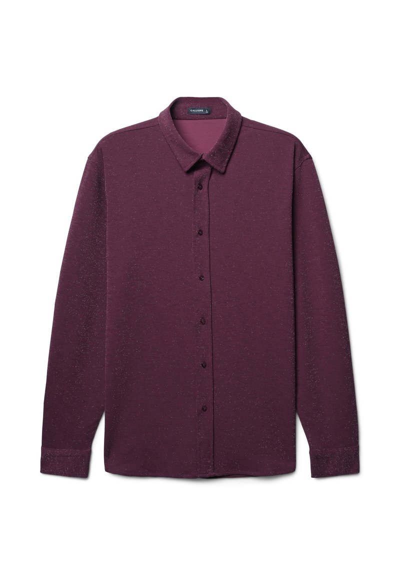 Langarmhemd in tiefem Burgunderrot, aus strukturiertem Stoff mit dezentem Glanz. Verfügt über einen Button-down-Kragen und Knöpfe auf der Vorderseite.