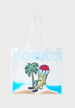 Durchsichtige Tragetasche mit einer Grafik eines Cartoon-Eiscones, einer Palme und Sand, mit blauen Akzenten am Boden und den Griffen.