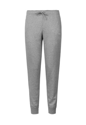 Šedé tepláky vyrobené z měkké tkaniny, s elastickým pasem a stahovací šňůrkou, zúženými nohavicemi a jemným logem na boku.