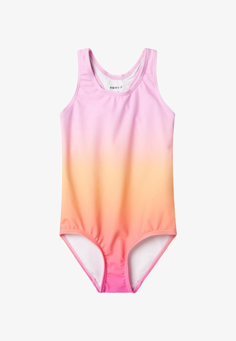 Maillot de bain avec un design dégradé, passant de rose clair à orange, fabriqué en tissu doux et extensible. Encolure ronde, sans manches.