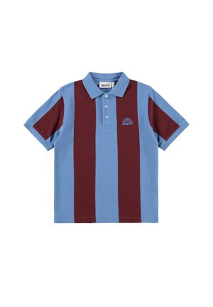 Trumpas rankovės polo marškinėliai su pakaitinėmis vertikaliomis šviesiai mėlynomis ir bordo juostelėmis bei "UNITY" logotipu kairėje krūtinės pusėje.