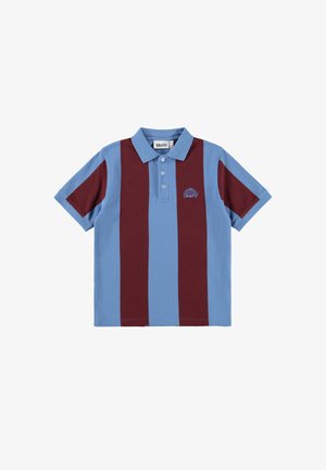 Short-sleeve polo shirt with alternating vertical light blue and maroon stripes and "UNITY" logo on the left chest.