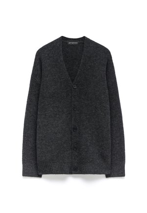 Cardigan grigio scuro in lana, con scollo a V, maniche lunghe e sei bottoni neri sul davanti. Polsini e orlo a coste.