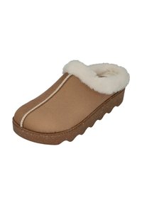 Brown slip-on clog featuring a textured upper, fleece lining, and a wavy rubber sole. Includes a white stitch detail down the center.