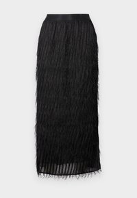Black midi skirt featuring a textured fringe design, a smooth waistband, and a flowy silhouette, made from lightweight materials.