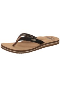 Svart og brun flip-flop sandaler med skum såle, teksturerte stropper og mønstrede detaljer. Har en lett hæl og en gummisåle.