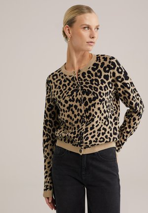 Beige cardigan with black leopard print, round neckline, full-length sleeves, and button closure. Ribbed hem and cuffs.