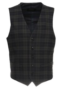 Kamizelka w kratę w ciemnozielonym i czarnym kolorze, z sześcioma guzikami, dwiema przednimi kieszeniami i klapami w kształcie litery V. Teksturowany materiał dodaje szczegółowości.