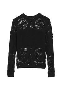 Schwarzer Strickpullover mit komplizierten, spitzenähnlichen Mustern. Runder Ausschnitt und lange Ärmel, mit einem festen Strickbereich in der Mitte.