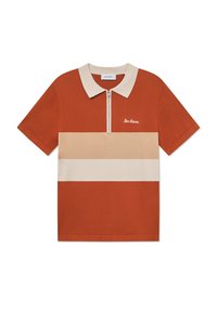 T-skjorte med korte ermer i brent oransje med kremfarget krage og horisontal beige stripe. Har glidelås foran og brodert logo.