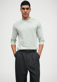 Světle zelený svetr s kulatým výstřihem a dlouhými rukávy, strukturovaná tkanina, spárovaný s tmavě šedými elegantními kalhotami s záhyby a bočními kapsami.