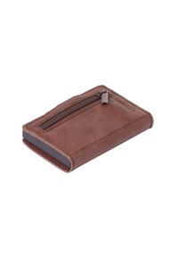 Brown leather wallet with a zippered pocket, rectangular shape, smooth texture, and stitched accents along the edges.