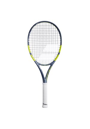 Tennisracket med blå og gul ramme og hvidt greb, vist opret på en hvid baggrund.