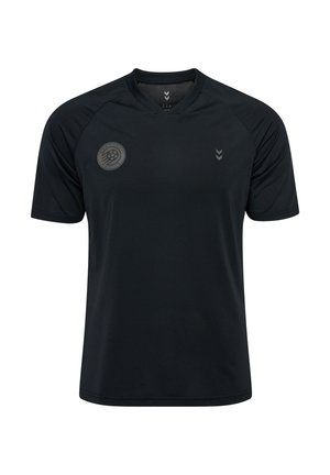 Black athletic short-sleeve shirt with a V-neck, textured fabric, mesh details, and a circular logo on the left chest.
