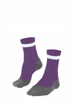 Lila Knöchelsocken mit weißen Streifen am Bündchen, grauen Fersen- und Zehenbereichen sowie einem strukturierten Gewebe für Komfort und Haltbarkeit.