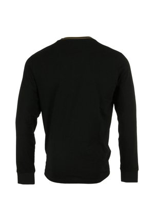 Camiseta negra de manga larga con cuello redondo, detalles acanalados y silueta ajustada. El material tiene una textura suave.