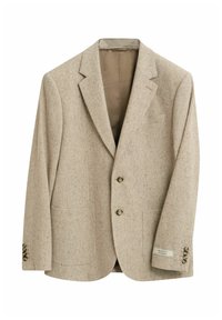 Beige Wollblazer mit zwei Frontknöpfen, Reverskragen, aufgesetzten Taschen, Knöpfen mit vier Knopflöchern und einem inneren braunen Futter.