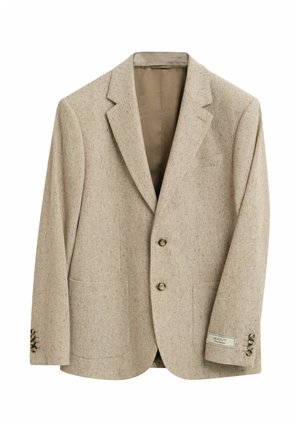 Beige wollen blazer met twee knopen aan de voorkant, gekleurde revers, opgestikte zakken, knopenmanchetten met vier knopen en een binnenvoering in bruin.